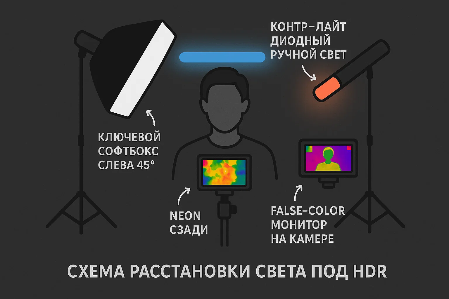 Схема расстановки света под HDR: ключевой софтбокс слева 45°, контр‑light диодный ручной свет справа, неон сзади, false‑color монитор на камере